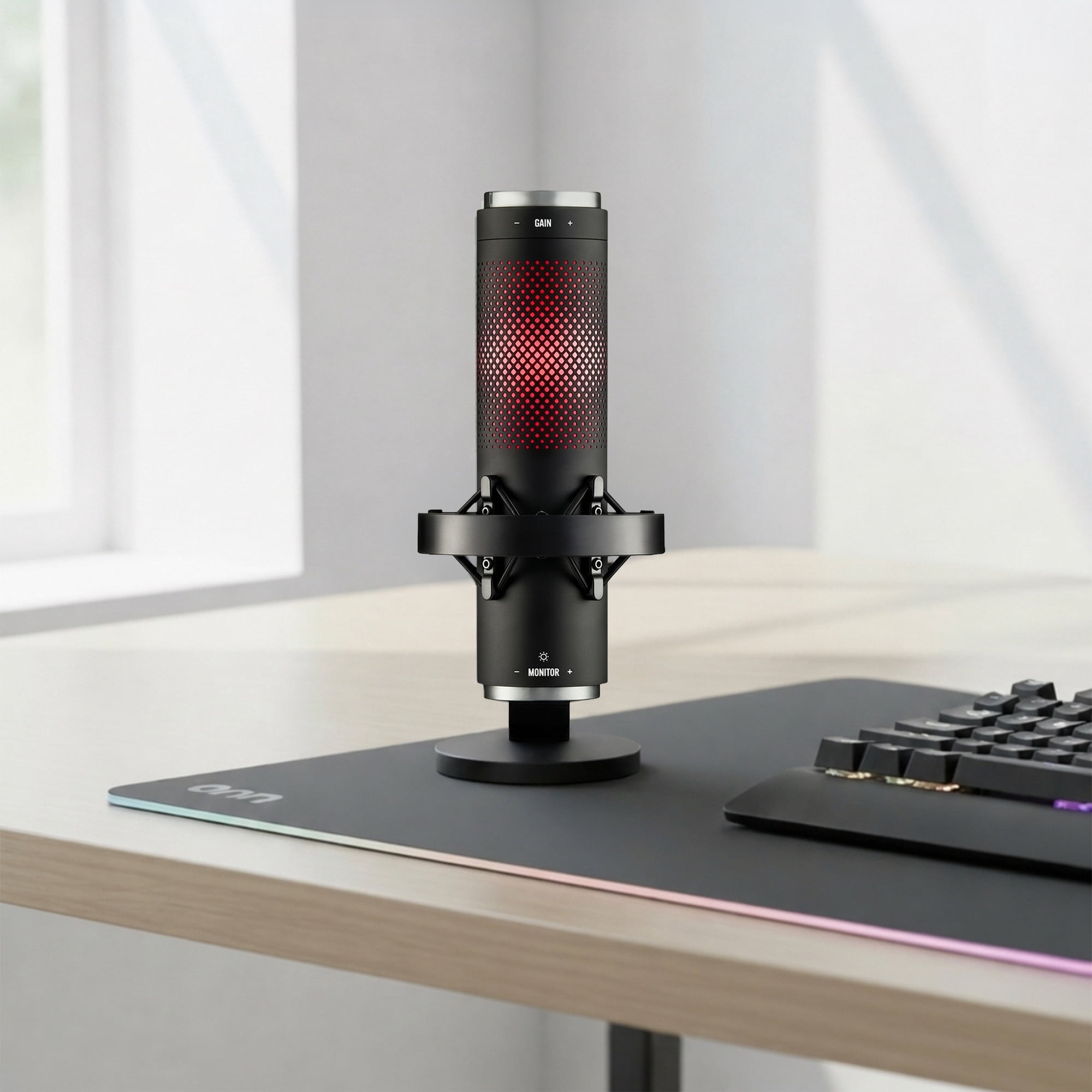 onn USB Tri-Pattern Gaming Microphone with Volume/Mute Controls and 3.5mm Headphone Jack, Black