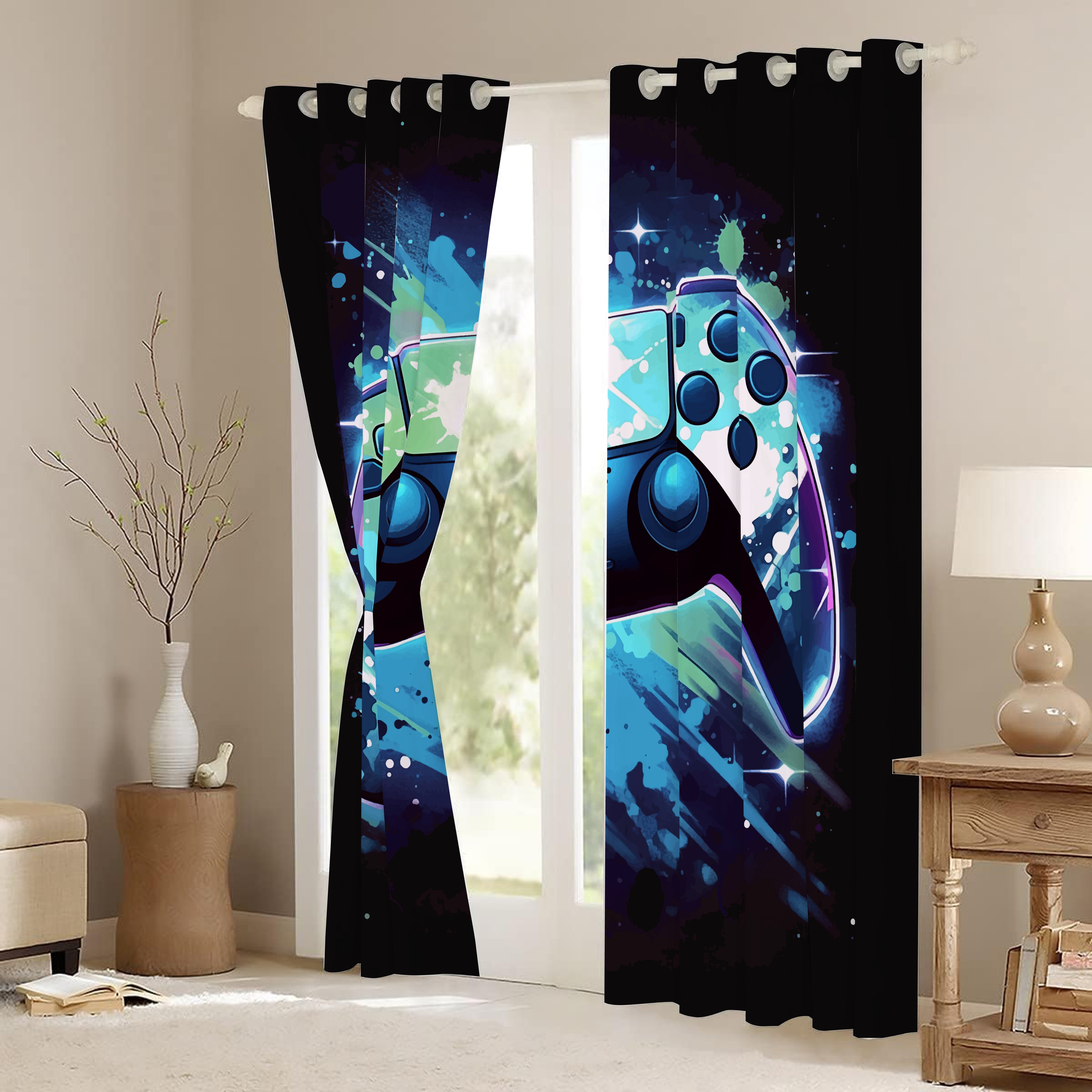 Psoiuetr Gamepad Blackout Curtains Teens Boys Kids Gaming Video Game Room Bedroom Living Room Decor Darkening Window Treatments Drapes Grommet Blue 2 Panel 52" W x 63" L