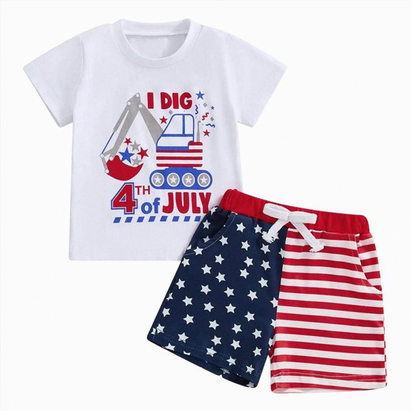 Kaprioy Boys Summer Outfits 4th of July Baby Boy Outfit USA Flag Short Sleeve Shirt Elastic Shorts 2Pcs Toddler Boys Fourth of July Outfits