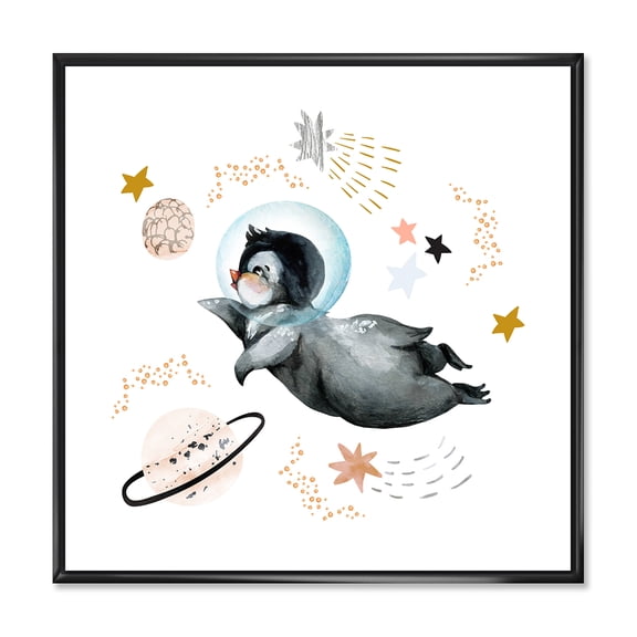 Designart 'Little Penguin Flying Planets and Stars II' Farmhouse Framed Canvas Wall Art Print