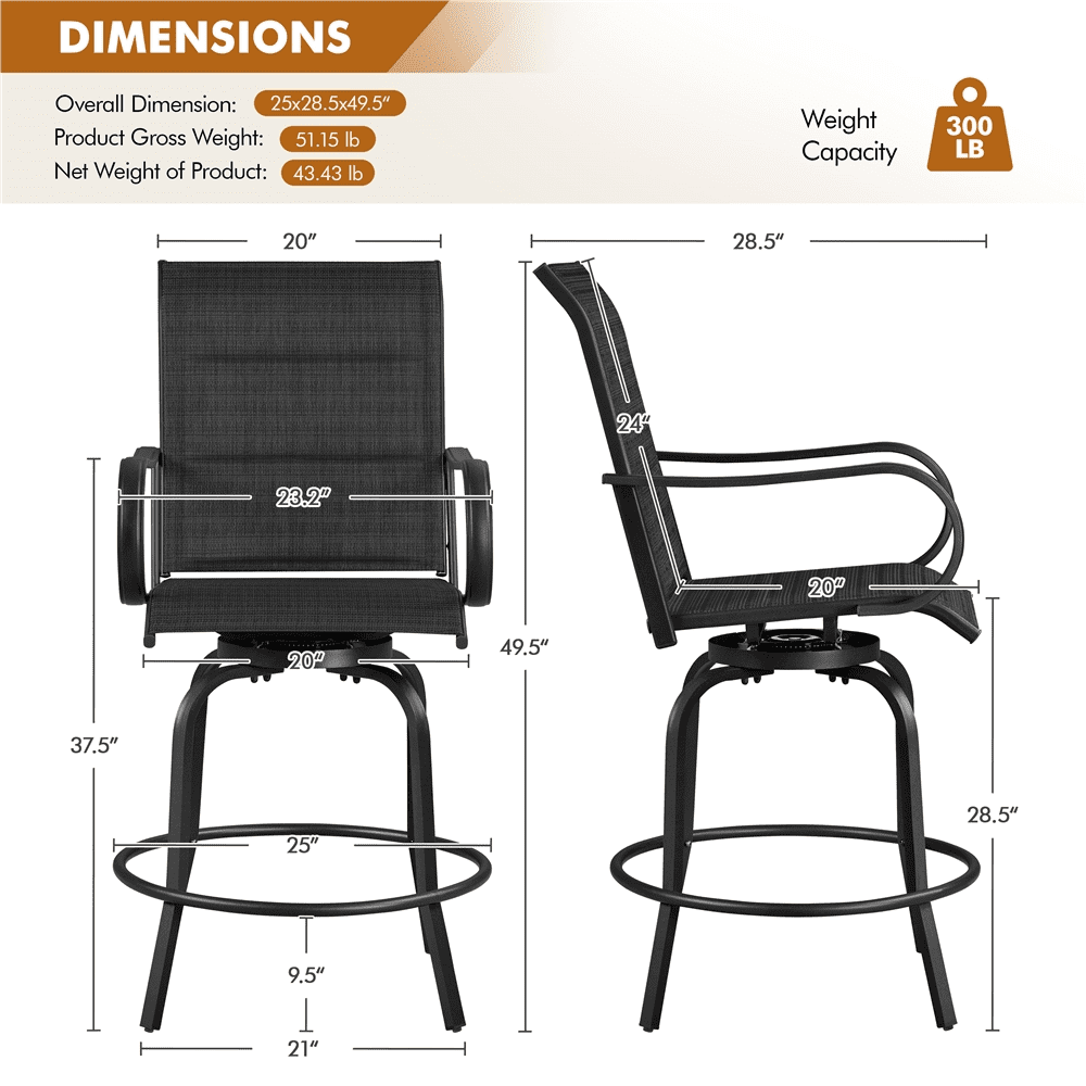 Alden Design 2pcs Outdoor Swivel Texteline Bar Stools Foam-padded for Garden, Black
