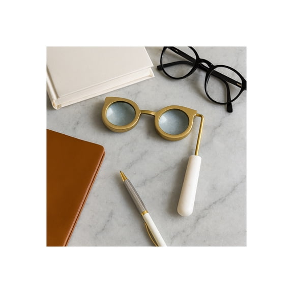 Modern Magnifying Glass in Eyeglass with Handle Design - Stylish Home Accent for Shelf, Coffee Table, and Living Room Decor - Chic Ornaments Office, Room, and Bathroom Decor - 1", White & Gold