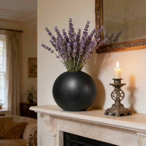 Black Plastic Vase 5 Inch, Modern Round Tabletop Decor for Dried Flowers, Pampas Grass, Centerpiece