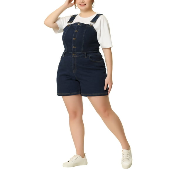 Agnes Orinda Women's Plus Size Fashion Single Breasted Bib Denim Short Jumpsuit