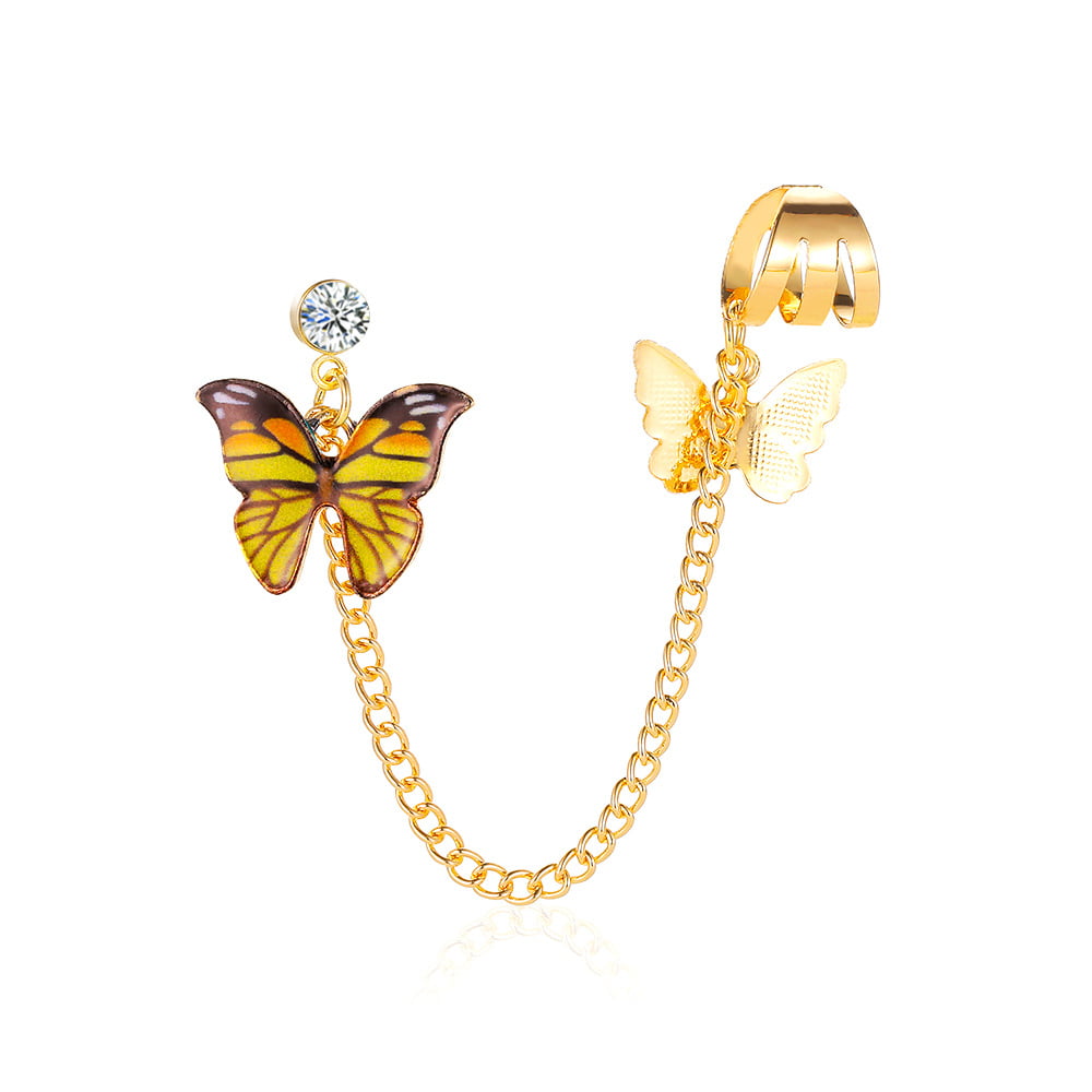 Golden Three Butterfly Tassel Stud Earrings Drop Dangle Women Party Jewelry Gift 