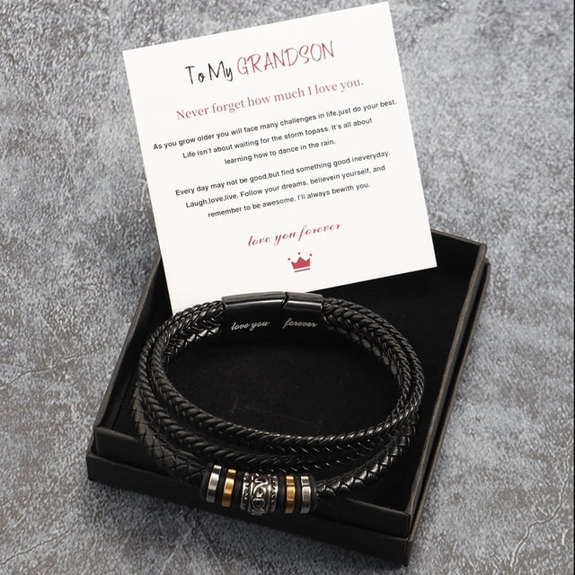 Pulsera tejida multicapa de acero para hombre, pulsera de cuero de moda de acero de titanio, juego de regalo con letras