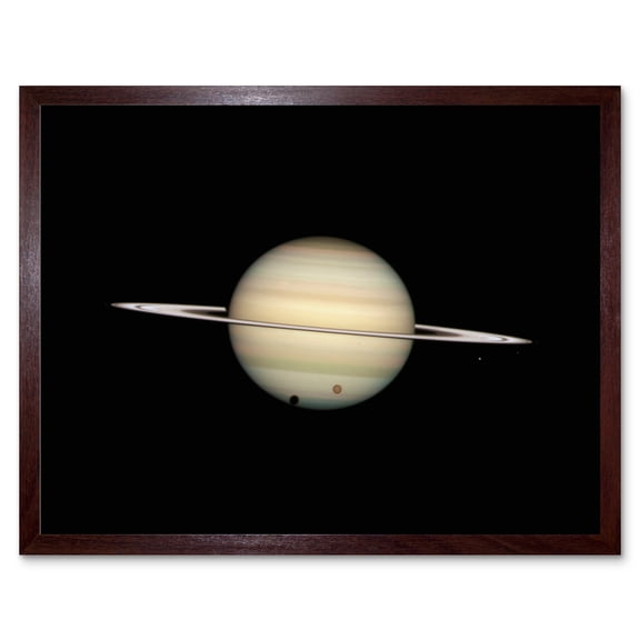 Hubble Space Telescope Image Four Moon Transit Around Parent Planet Saturn Ring Plane Crossing With Titan Minas Dione Enceladus Art Print Framed Poster Wall Decor 12x16 inch