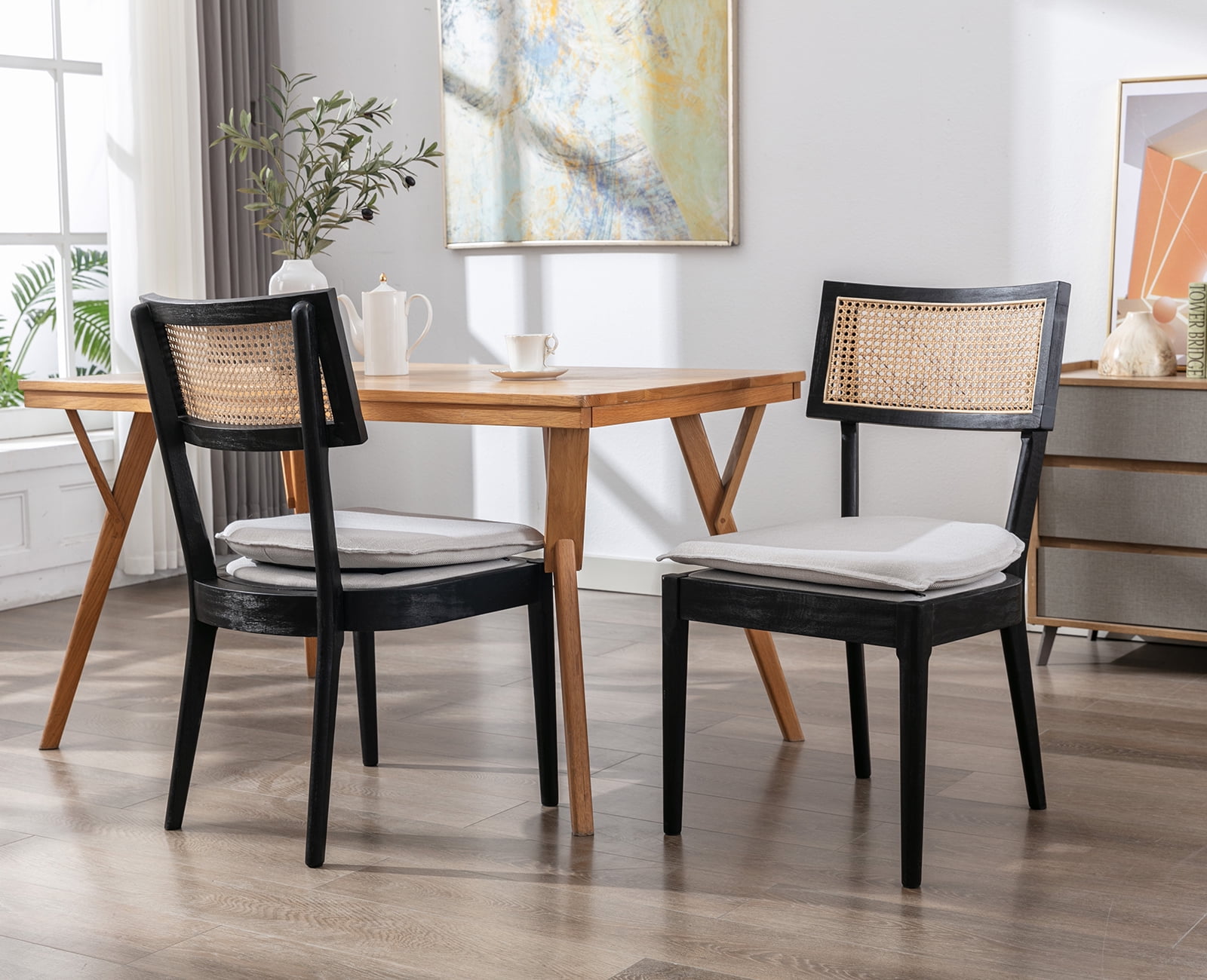 Guyou Classical Wooden Dining Chairs Set of 2, Rustic Rattan Weaving ...