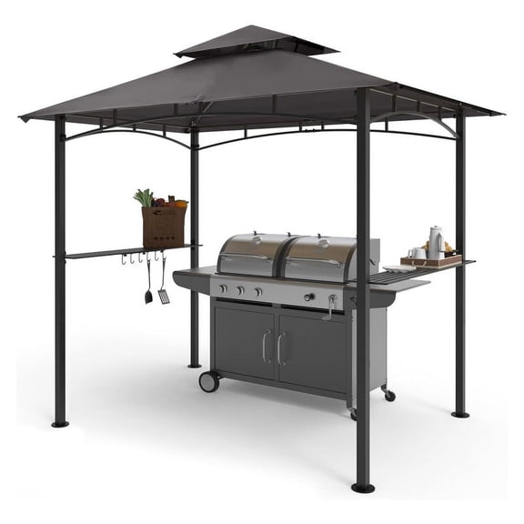 8x5Ft Outdoor Grill Gazebo, Double Tiered BBQ Gazebo with 2 Side Shelves, Patio Canopy Tent for Patio, Garden, Beach, Backyard, Barbecue Grill Shelter(Gray)