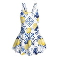 thumbnail image 4 of COEQINE Girls One Piece Bathing Suit, Scoop U-Neck & V Back Playful Swimsuit with Attached Skirt, Beach Swim Dress for Kids Age 5-6, Machine Washable, Vintage Lemon Floral Blue, 4 of 8