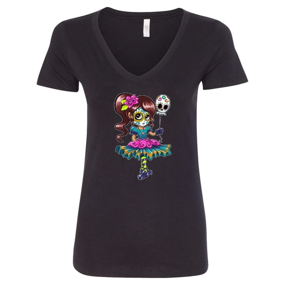 Inktastic DÃ­a De Los Muertos Girl with Skull Balloon Women's V-Neck T-Shirt