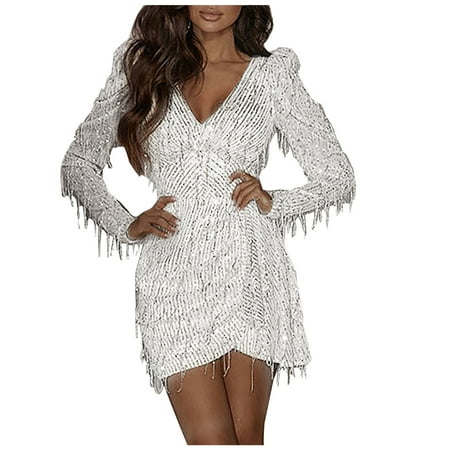 

fartey Sequin Dress for Women Long Sleeve V-Neck Mini Dresses Fringe Sexy Tunic Prom Dress Evening Party Club Date Night Sparkly Dress