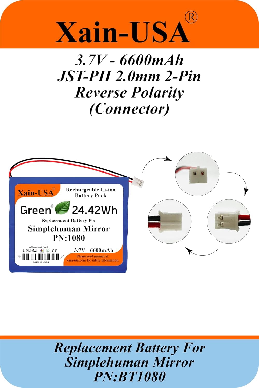 Replacement Battery PN: BT1080 for Simplehuman Mirrors (ST3024 ST3026 ST3027 ST3028), 3.7V 6600mAh, (Please) Verify Part Number (Found Under Your Mirror) Before Purchase, Thank You.