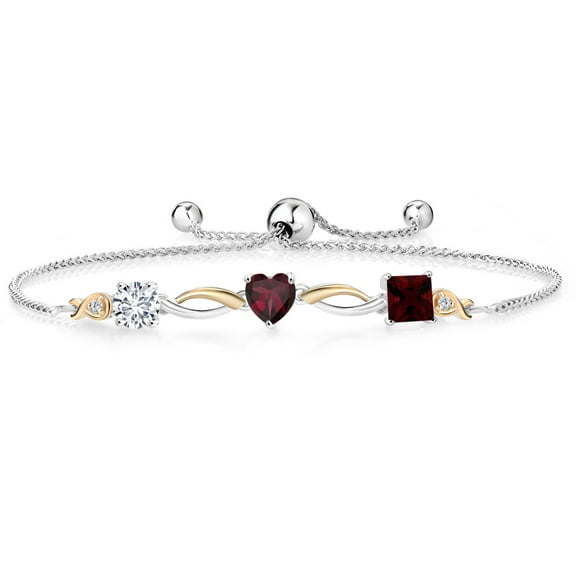 Gem Stone King 925 Silver and 10K Yellow Gold Red Rhodolite Garnet Red Garnet and Lab Grown Diamond Tennis Bracelet for Women By Keren Hanan (2.14 cttw, Adjustable up To 9 inch)