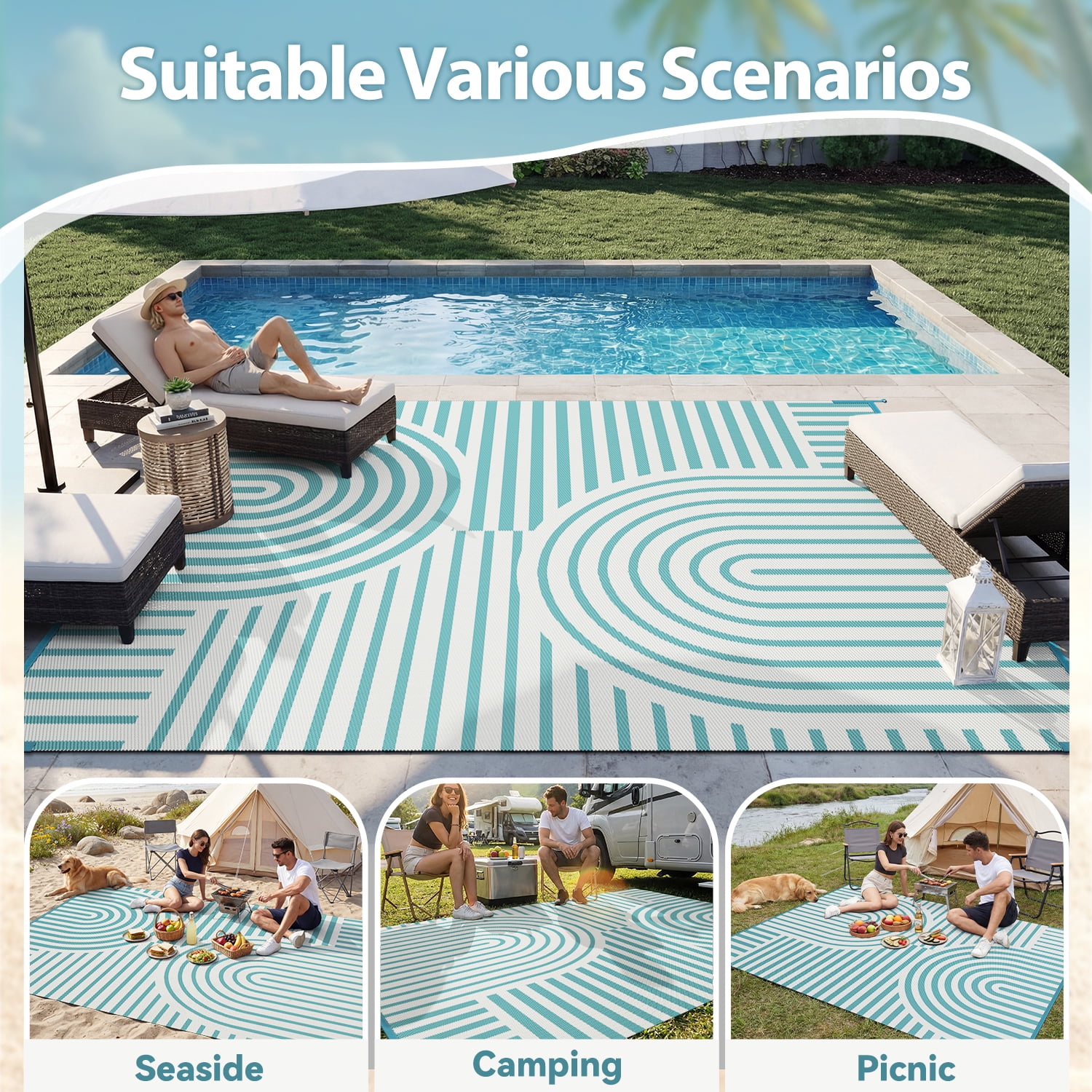 VUNATE Outdoor Rug Carpet 8'x10' Waterproof Reversible Patio Rug Portable Boho Indoor Outdoor Rug Plastic Straw Rug for Beach RV Camping Garden Picnic Deck Backyard Modern Porch Decor Teal and White