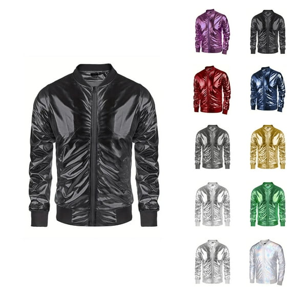 Metallic Jacket for Men 70s Disco Party Varsity Jacket Zip Up Baseball Bomber Jackets Outerwear Coat