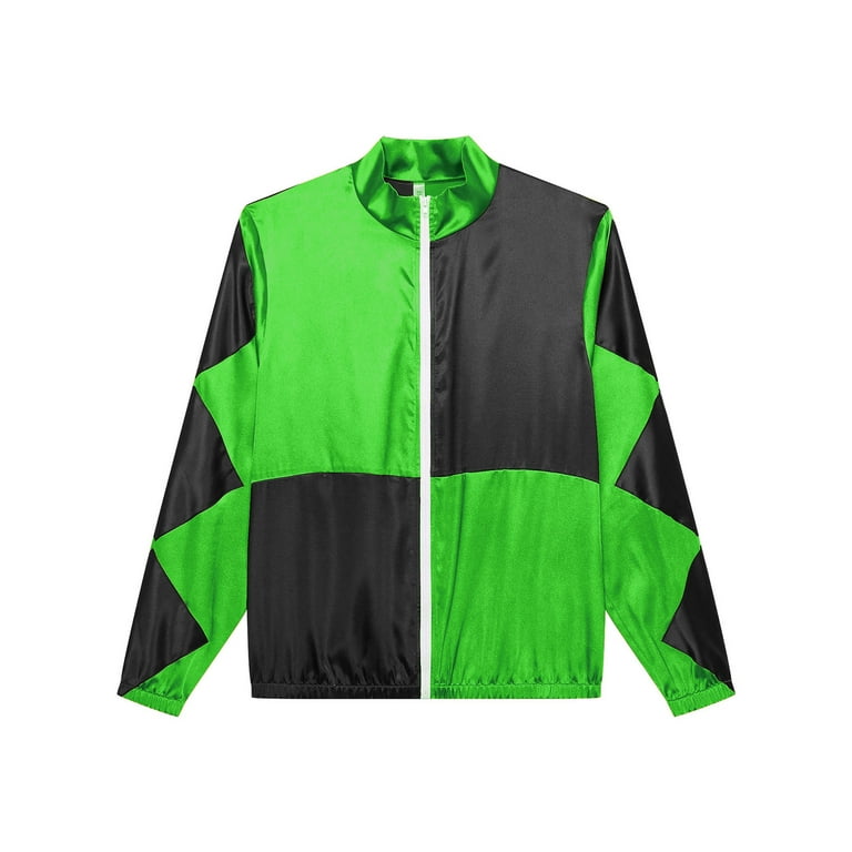 Alvivi Mens Jockey Horse Jackets Retro Colorblocked Front Zipper Track Jacket Satin Outdoor Coat Green Black L