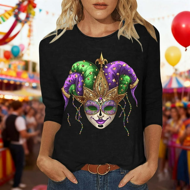Xuyuer Carnival 2025 Womens 3/4 Sleeve Tops Mardi Gras and Costumes Fashion Round Neck Printed Blouse