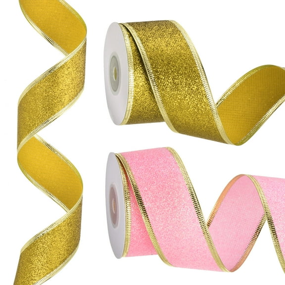20 Yards x 1.5" Christmas Ribbon Metallic Wired Ribbon Shine Gift Wrapping Ribbon for Craft Birthday Wedding Festival Decoration, Pink/Gold