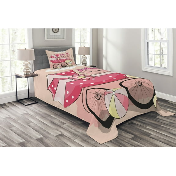 Ambesonne Cartoon Quilted Bedspread Set 2 Pcs, Retro Wheels Puppy Artwork, Twin Size, Pale Yellow Pink