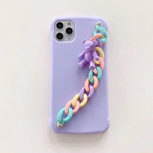 Bonita funda de silicona para teléfono inteligente con correa de mano y osito de peluche, compatible con Apple