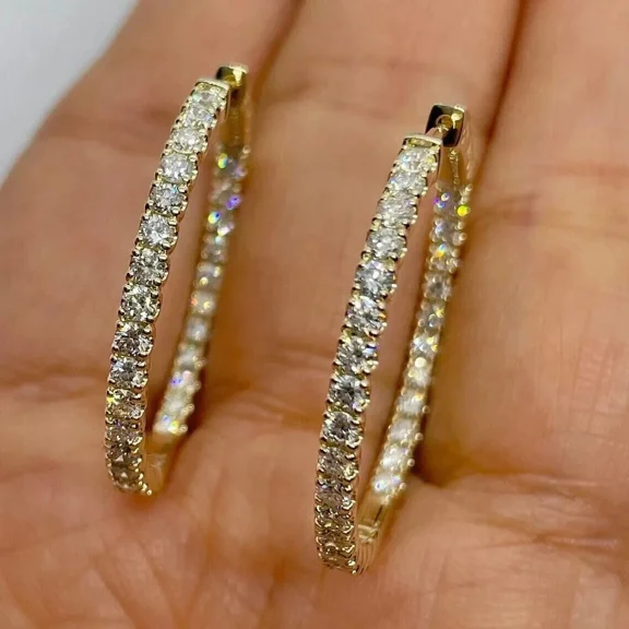 2.00Ct Round Cut Simulated Diamond Inside Out Side Women's Hoop Earrings 14K Yellow Gold Plated 925 Silver