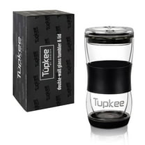 Tupkee 20 oz Double Wall Glass Tumbler With Lid  All Glass Reusable Insulated Hand Blown Glass Travel Mug - For Coffee, Tea, Boba, Iced Coffee, and Smoothie Cup To Go  Black