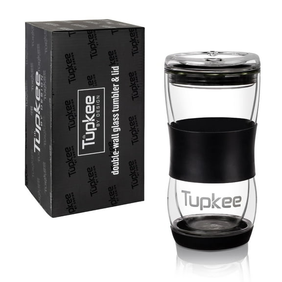 Tupkee 20 oz Double Wall Glass Tumbler With Lid  All Glass Reusable Insulated Hand Blown Glass Travel Mug - For Coffee, Tea, Boba, Iced Coffee, and Smoothie Cup To Go  Black