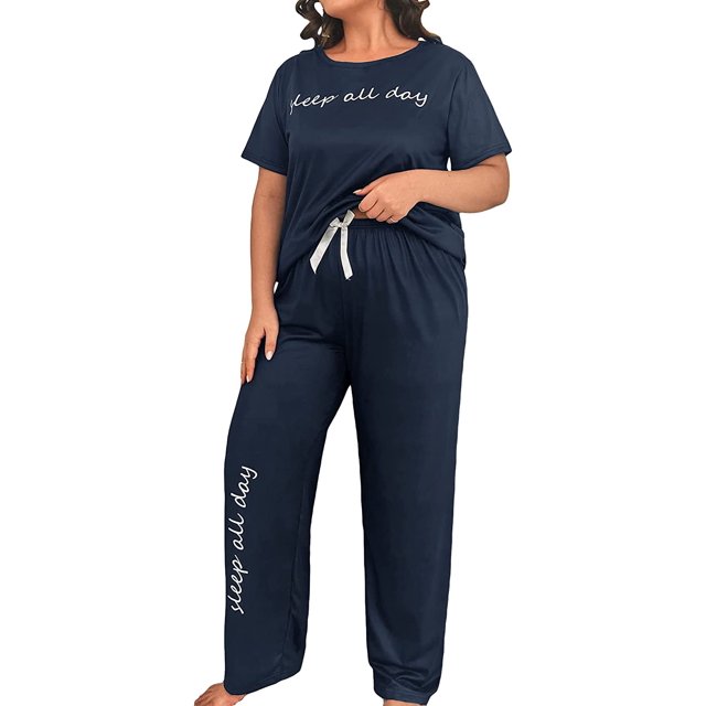 Conjunto de pijama de manga corta y pantalones largos para mujer, talla grande Azul marino 2XL Extra amplio Azul marino 2XL Extra amplio Xishao ropa