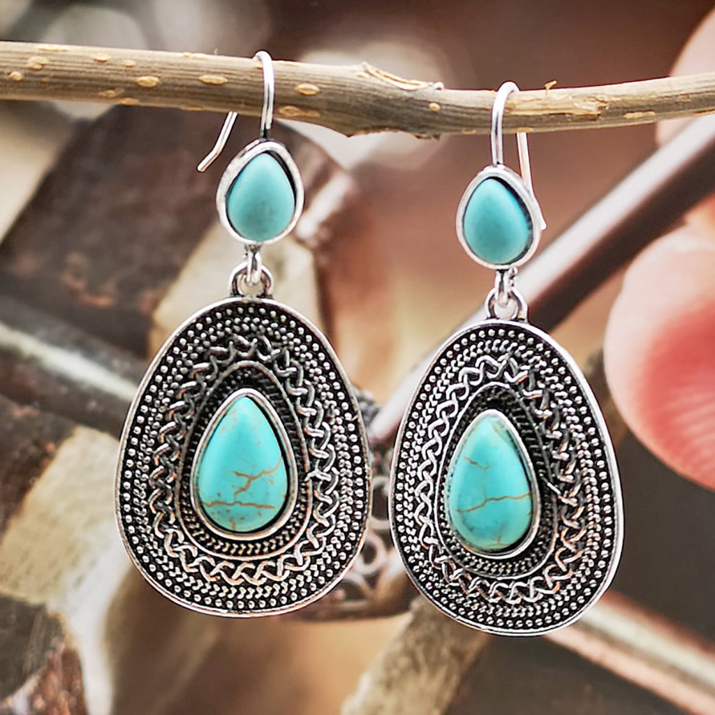 Boho Tibetan 925 Silver Turquoise Dangle Drop Hook Earring Women Vintage Jewelry 