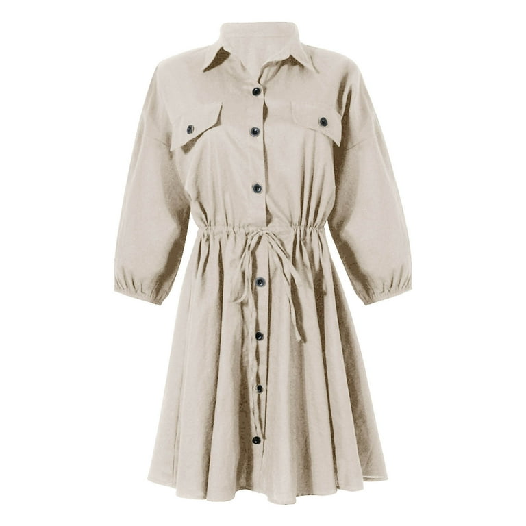 Shirt Dress for Women UK Button Down Skater Dress Cotton Linen 3 4 Sleeve Smock Dress Belted Solid Flared A Line Swing Dress Autumn Ladies Casual Dresses Size 8 16 Walmart