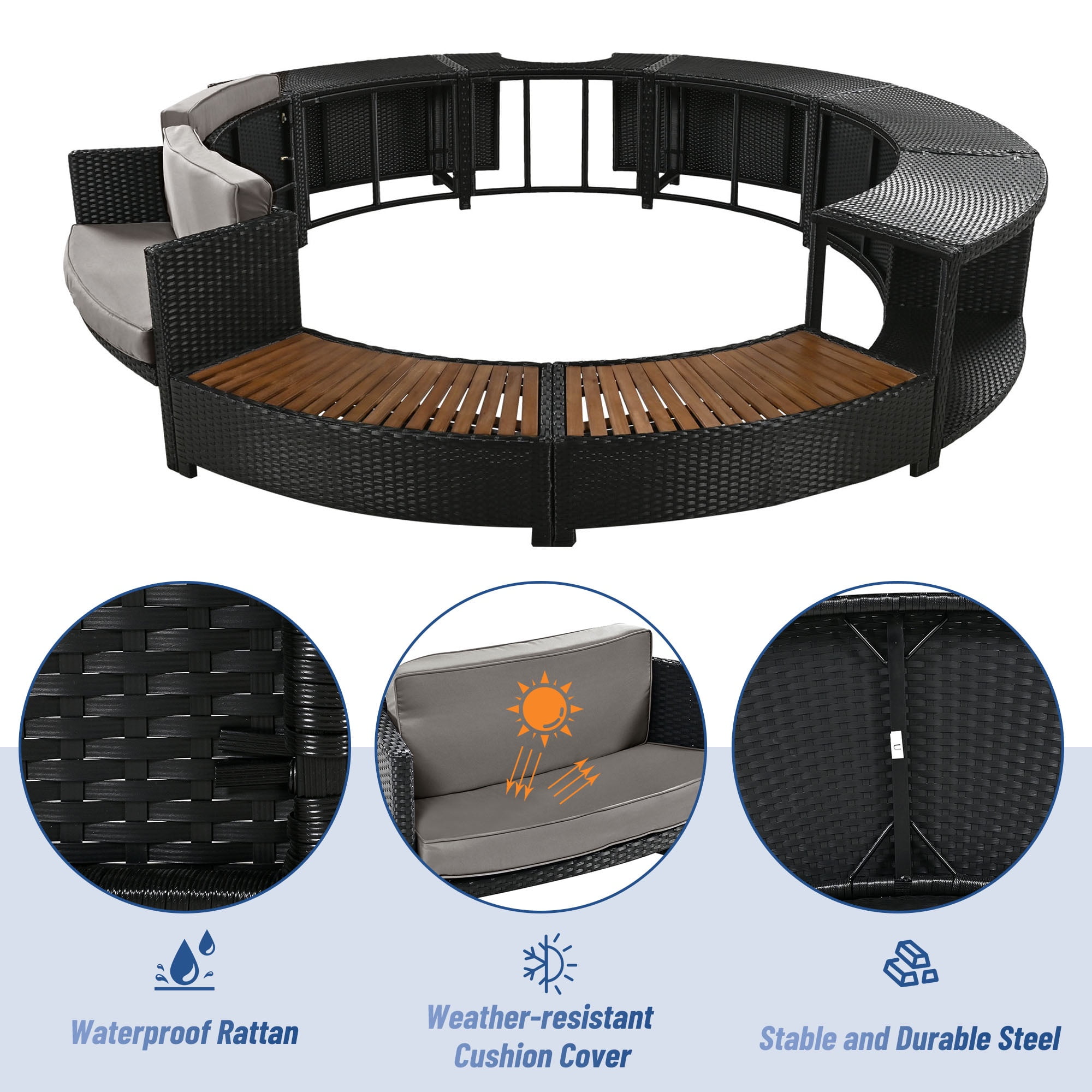 Round Hot Tub Surround Furniture, Spa Surround Outdoor Rattan Sectional Sofa Set with Mini Sofa, Solid Acacia Wood Hot Tub Storage Surround Patio Furniture Set, Gray Cushion
