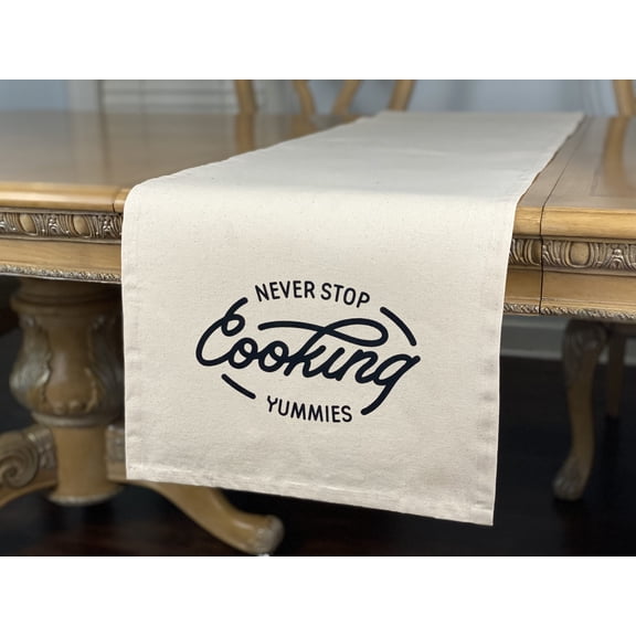 Natural Throw Table Runner Never Stop Cooking Yummies Design Printed