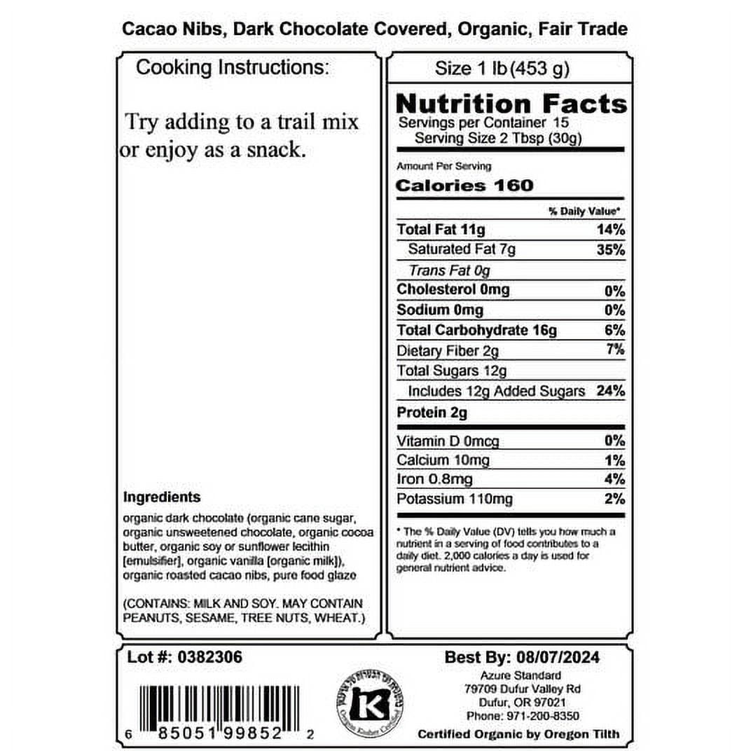 SunRidge Farms Cacao Nibs, Dark Chocolate Covered, Organic, Fair Trade - 1 lb