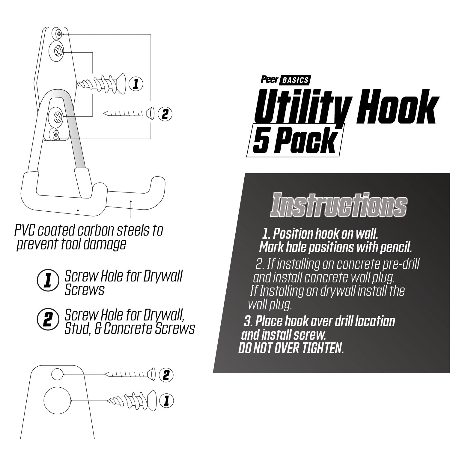 (2 pack) PeerBasics, 5 Pack Hook Set, Black, Metal, PVC Coated, Average 50 lb Capacity, Hardware Included