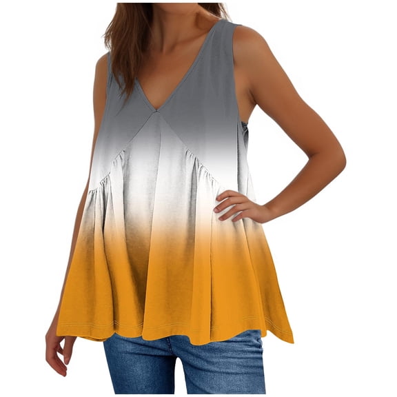 fatyb V Neck Tank Tops for Women Gradient Color Ruffle Shirts Flowy Sleeveless Womens Summer Blouses