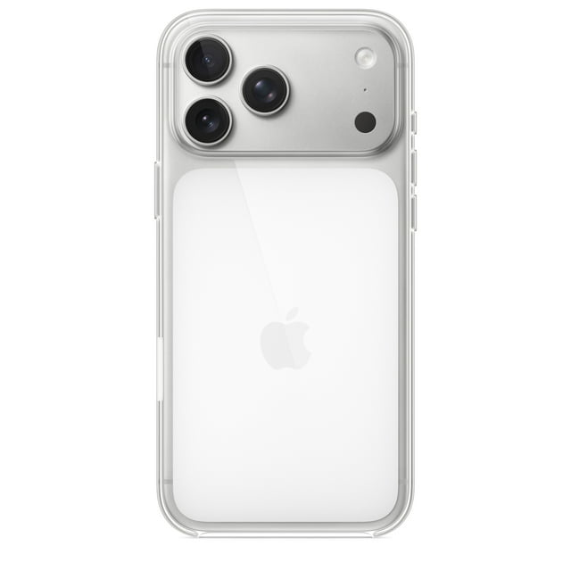 iPhone 17 Pro Max Clear Case with MagSafe showing the back of a silver iPhone 17 Pro Max inside a thin, transparent case with precise button covers, triple camera lenses, scratch-resistant coating, and built-in magnets for MagSafe and wireless charging compatibility.
