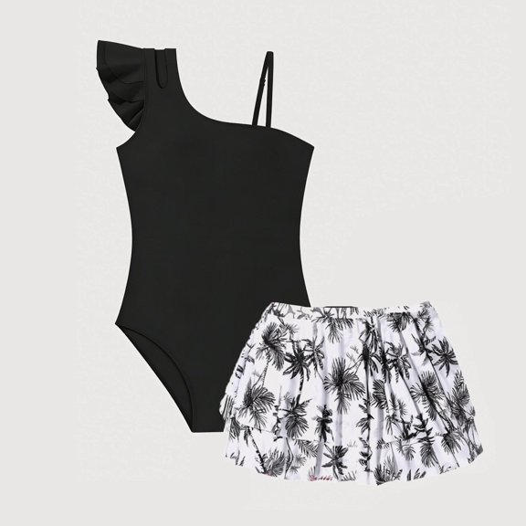 Gyujnb Solid One-Shoulder Swimsuit with Tropical Print Mesh Skirt for Summer Beach Pool (Big Girls),15-16 Years