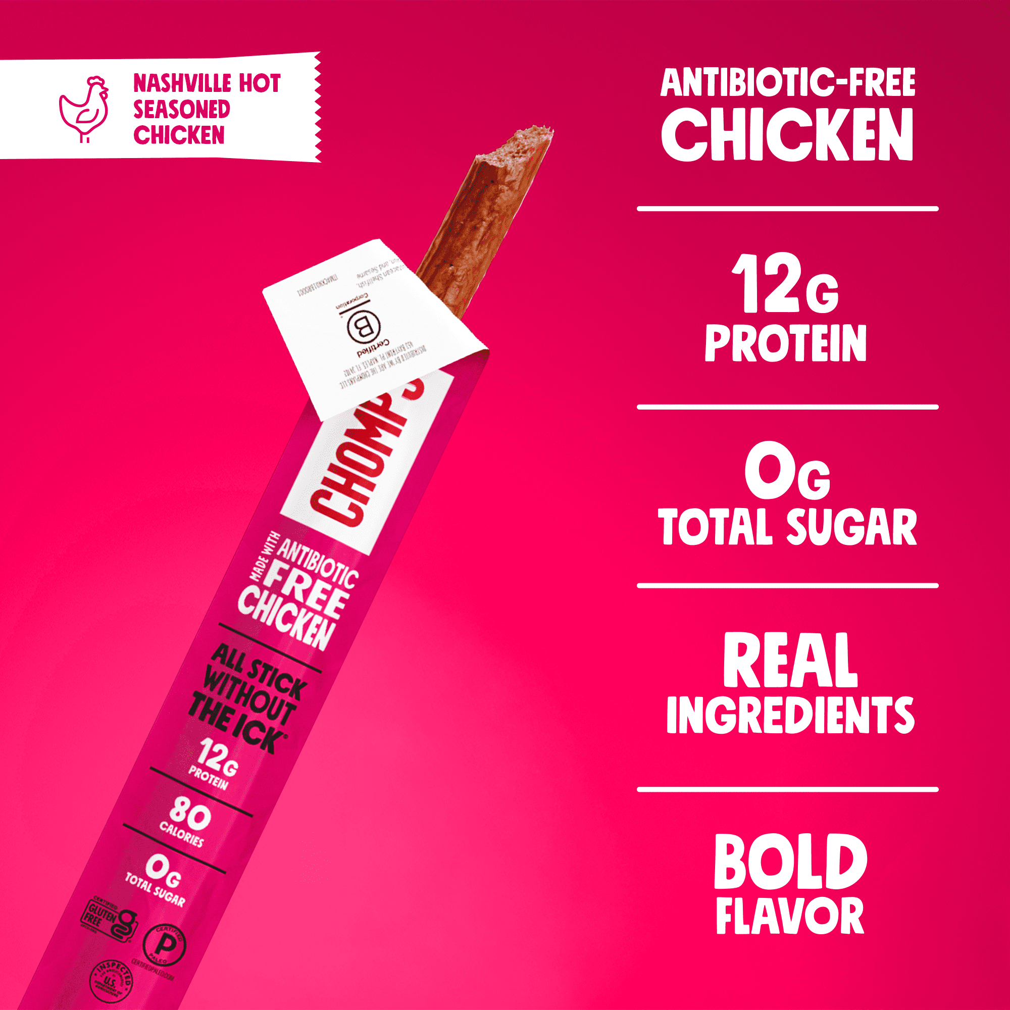 Chomps Antibiotic Free Nashville Hot Chicken Sticks (24 Count)