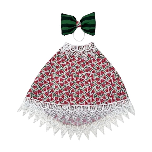 Summer Watermelon Print Goose Costume Set for 23 Inch Porch Statue,Lace Trim Dress with Matching Bow Headwear,Funny Garden Decor Display