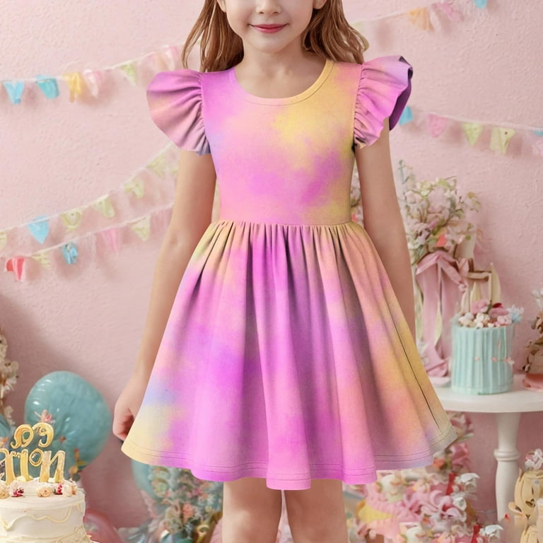 KSODFNXH Summer Dresses for Teen Girls Size 3-14 Kids Cute Ruffle Cap Sleeve Crewneck Pleated A-Line Tie-Dye Beach Midi Dress, Girl's, Size: 12 Years