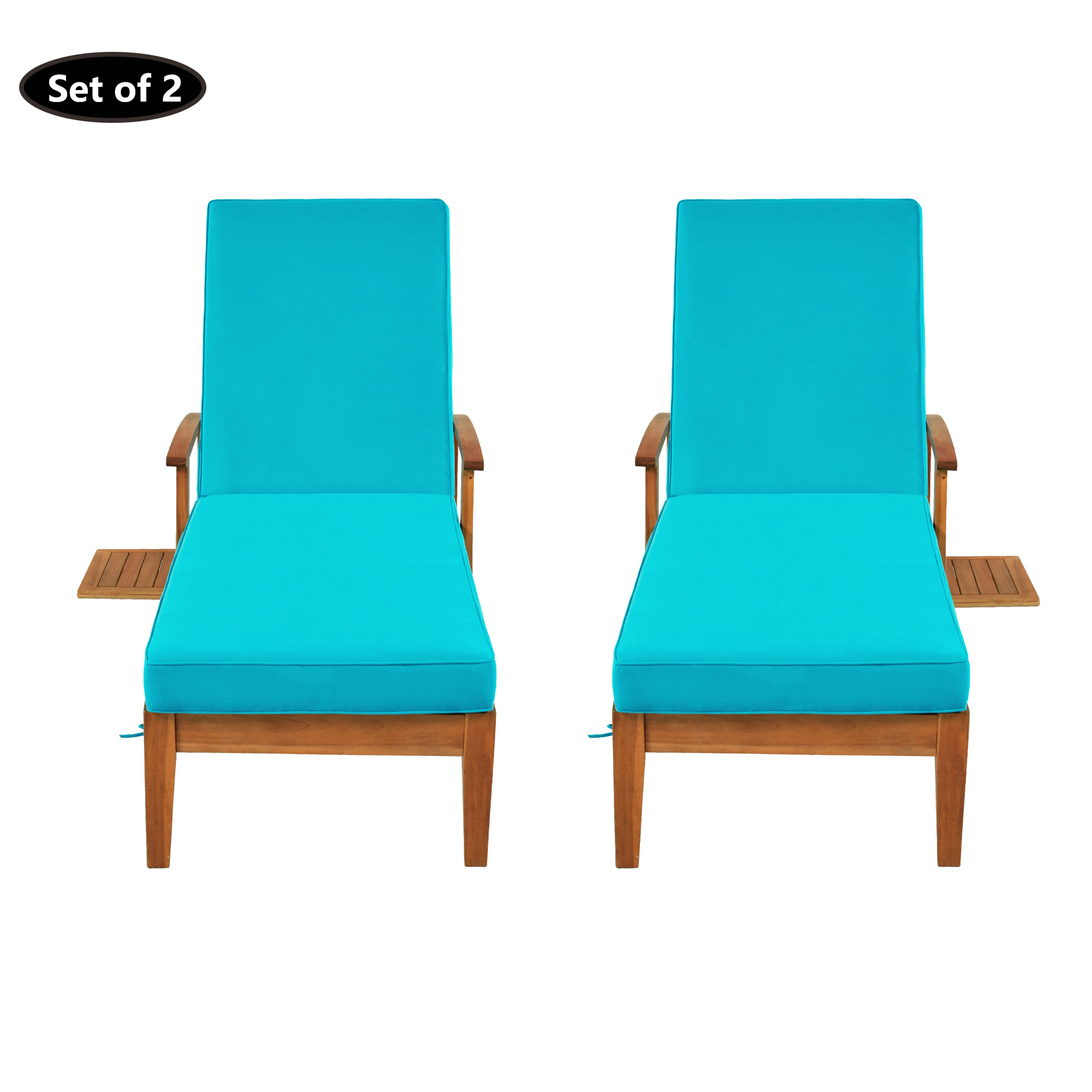 Sesslife Outdoor Solid Wood Chaise Lounge, 2 Piece Patio Brown Finish Reclining Chair Furniture Set Beach Pool Adjustable Backrest Recliners with Blue Cushions - image 3 of 10