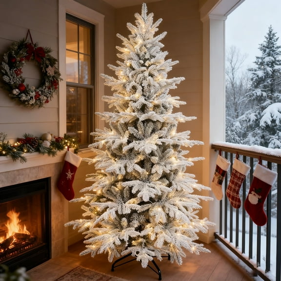 Makeatree 5 ft Prelit Snow Flocked Christmas Tree Frosted Artificial Xmas Tree with Multicolor Lights &1162 PE PVC Tips, 9 Color Modes