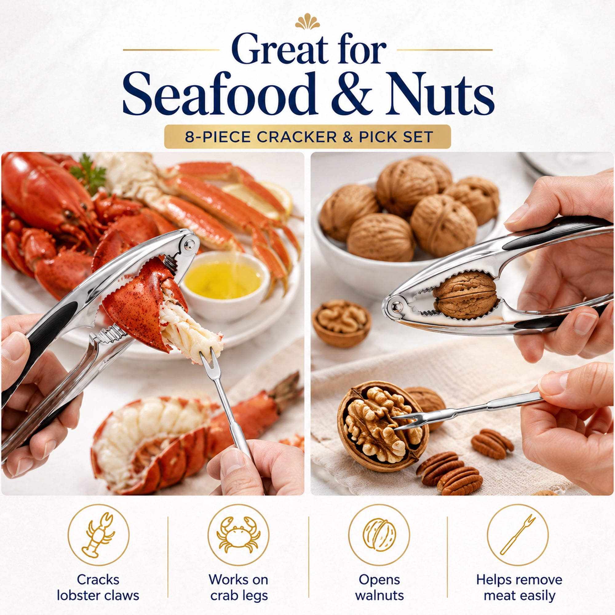 8-Piece Stainless Steel Crab and Lobster Cracker Set, 2 Non-Slip Seafood Crackers and 6 Dual-Ended Picks and Forks, Shellfish Tool Set for Crab Legs, Lobster and Nuts