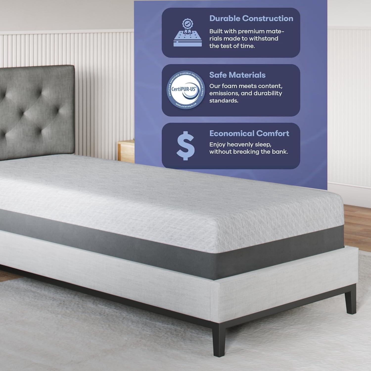 Celestial Sleep Gel Memory Foam Mattress in a Box, Made in The USA, CertiPUR-US, Oeko-Tex, and Fiberglass-Free Certified Bed, 8 inch Firm - Twin