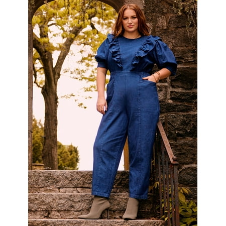 ELOQUII Elements Women's Plus Size Denim Jumpsuit With Ruffles