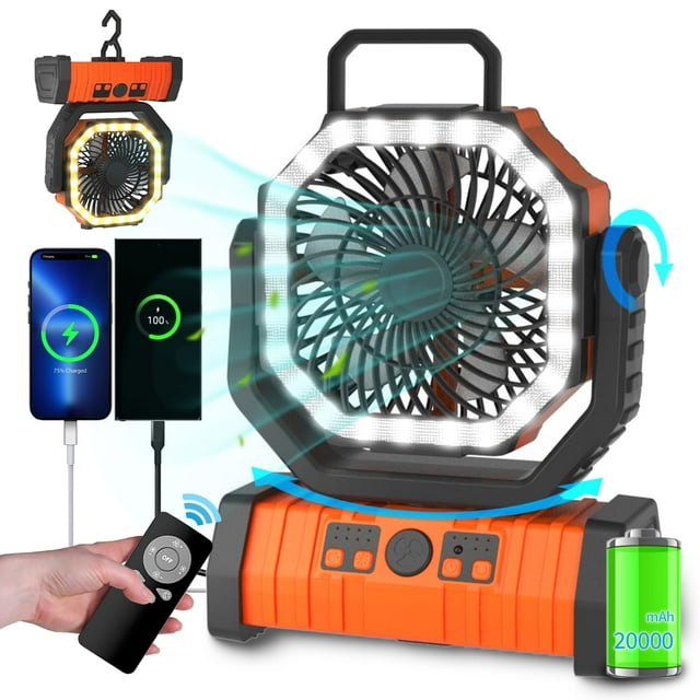 ADUST Ventilador de camping portátil con luz LED – 20000 mAh recargable, oscilante con rotación de 360 grados, gancho para colgar para tiendas de campaña, ventilador de escritorio USB