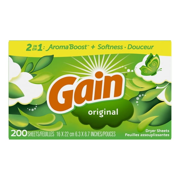 Gain Feuilles Assouplissantes pour Sécheuse, Parfum Original, Combat l'Électricité Statique avec une Touche de Parfum, Feuilles de Lessive 200 Unités