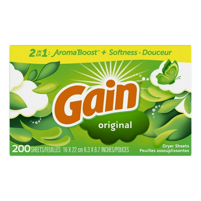Box of Gain Original scent dryer sheets featuring 2-in-1 AromaBoost plus softness, contains 200 sheets