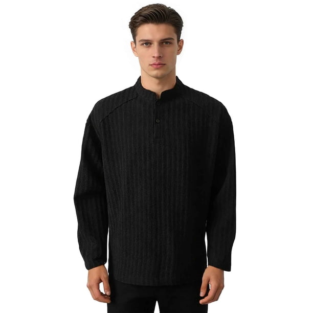 Ceisia Men's Relaxed Fit Vertical Stripe Jacquard Small Stand Collar Long Sleeve Casual Knit Top Gifts